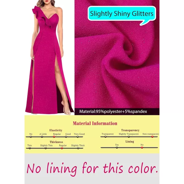 VFSHOW Womens Sexy Ruffle One Shoulder Double High Slit Formal Prom Maxi Dress V Neck Beaded Strap ALine Evening GownSparkly Hot Pink