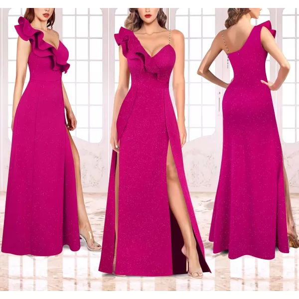 VFSHOW Womens Sexy Ruffle One Shoulder Double High Slit Formal Prom Maxi Dress V Neck Beaded Strap ALine Evening GownSparkly Hot Pink