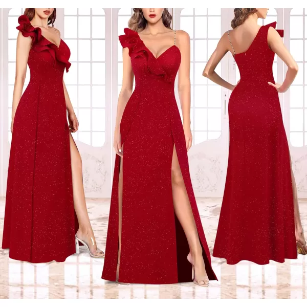 VFSHOW Womens Sexy Ruffle One Shoulder Double High Slit Formal Prom Maxi Dress V Neck Beaded Strap ALine Evening GownSparkly Red