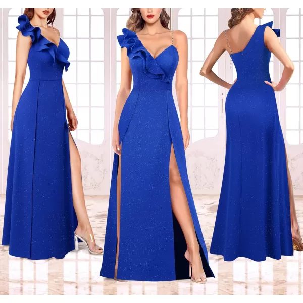 VFSHOW Womens Sexy Ruffle One Shoulder Double High Slit Formal Prom Maxi Dress V Neck Beaded Strap ALine Evening GownSparkly Royal Blue