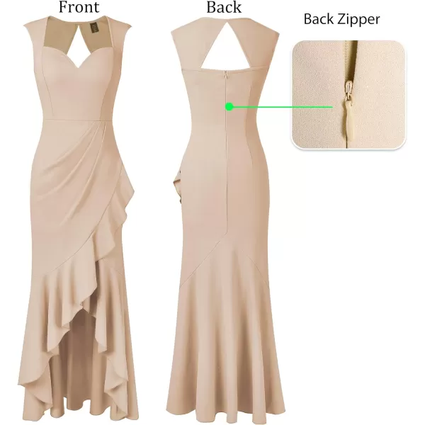 VFSHOW Womens Sexy Ruffle V Neck Ruched Formal Wedding Guest Prom Maxi Dress 2023 Sweetheart Evening Keyhole Back HILO GownSparkly Beige