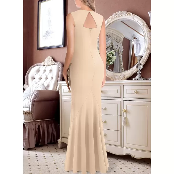 VFSHOW Womens Sexy Ruffle V Neck Ruched Formal Wedding Guest Prom Maxi Dress 2023 Sweetheart Evening Keyhole Back HILO GownSparkly Beige