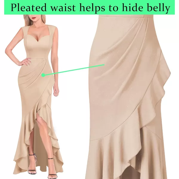 VFSHOW Womens Sexy Ruffle V Neck Ruched Formal Wedding Guest Prom Maxi Dress 2023 Sweetheart Evening Keyhole Back HILO GownSparkly Beige