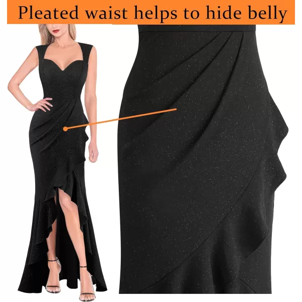 VFSHOW Womens Sexy Ruffle V Neck Ruched Formal Wedding Guest Prom Maxi Dress 2023 Sweetheart Evening Keyhole Back HILO GownSparkly Black