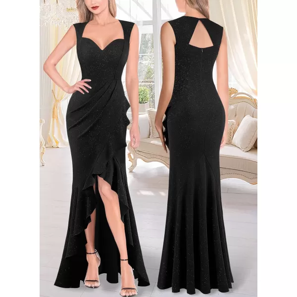 VFSHOW Womens Sexy Ruffle V Neck Ruched Formal Wedding Guest Prom Maxi Dress 2023 Sweetheart Evening Keyhole Back HILO GownSparkly Black