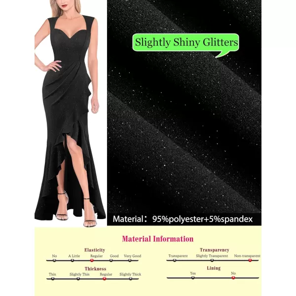 VFSHOW Womens Sexy Ruffle V Neck Ruched Formal Wedding Guest Prom Maxi Dress 2023 Sweetheart Evening Keyhole Back HILO GownSparkly Black