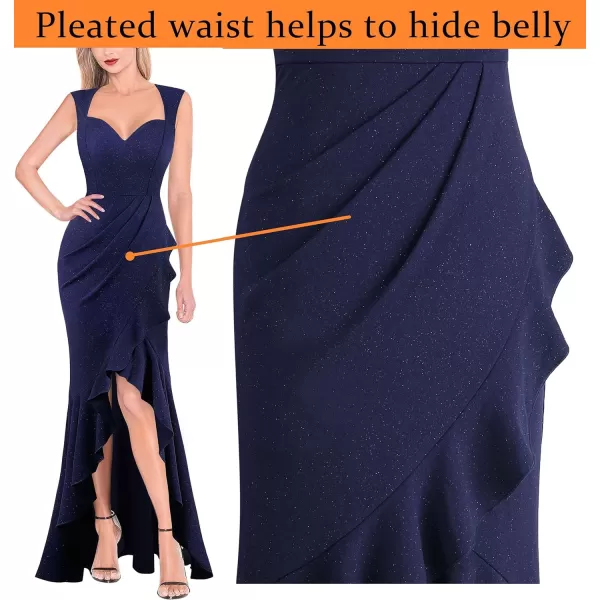 VFSHOW Womens Sexy Ruffle V Neck Ruched Formal Wedding Guest Prom Maxi Dress 2023 Sweetheart Evening Keyhole Back HILO GownSparkly Dark Blue