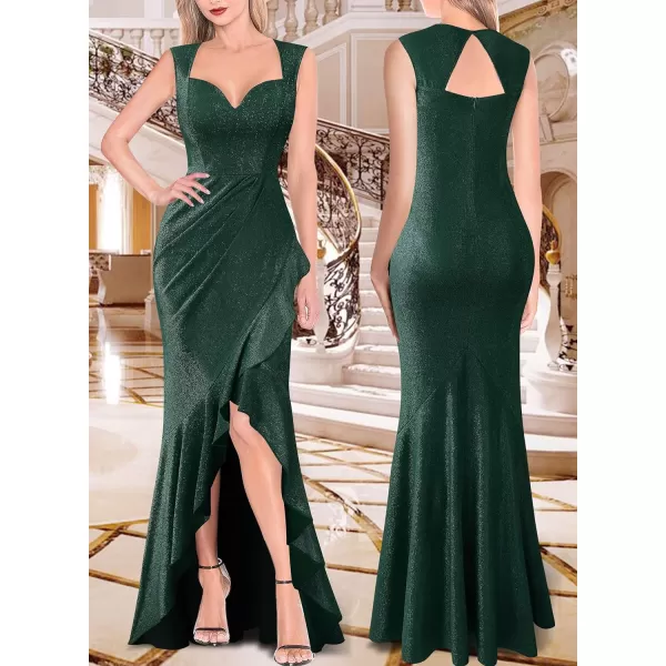 VFSHOW Womens Sexy Ruffle V Neck Ruched Formal Wedding Guest Prom Maxi Dress 2023 Sweetheart Evening Keyhole Back HILO GownSparkly Dark Green