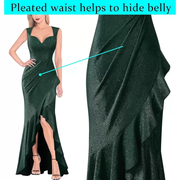 VFSHOW Womens Sexy Ruffle V Neck Ruched Formal Wedding Guest Prom Maxi Dress 2023 Sweetheart Evening Keyhole Back HILO GownSparkly Dark Green