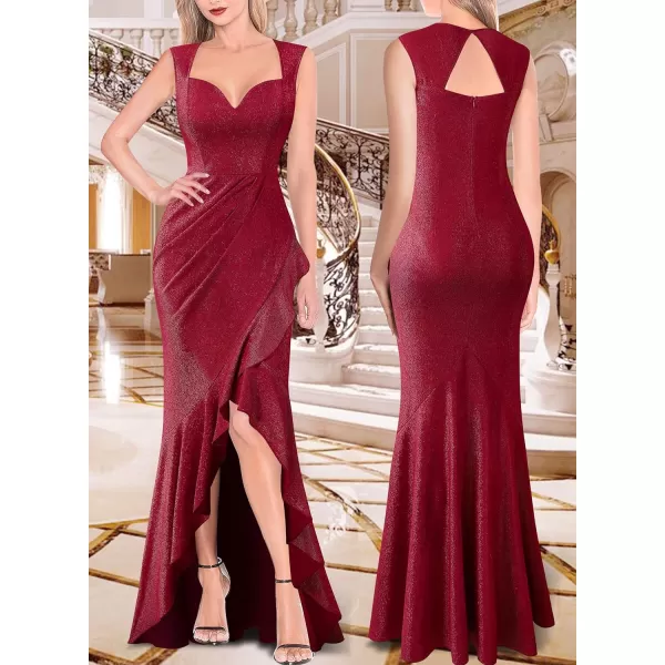 VFSHOW Womens Sexy Ruffle V Neck Ruched Formal Wedding Guest Prom Maxi Dress 2023 Sweetheart Evening Keyhole Back HILO GownSparkly Dark Red