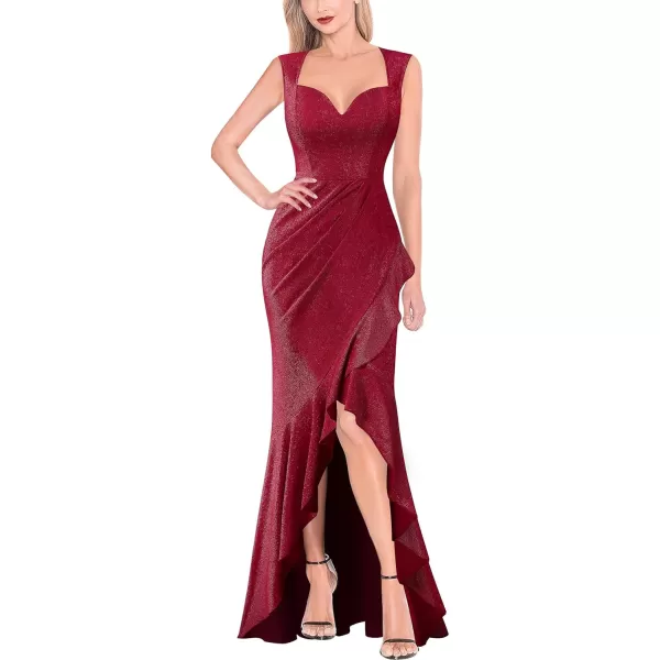 VFSHOW Womens Sexy Ruffle V Neck Ruched Formal Wedding Guest Prom Maxi Dress 2023 Sweetheart Evening Keyhole Back HILO GownSparkly Dark Red