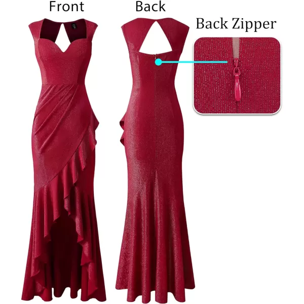 VFSHOW Womens Sexy Ruffle V Neck Ruched Formal Wedding Guest Prom Maxi Dress 2023 Sweetheart Evening Keyhole Back HILO GownSparkly Dark Red