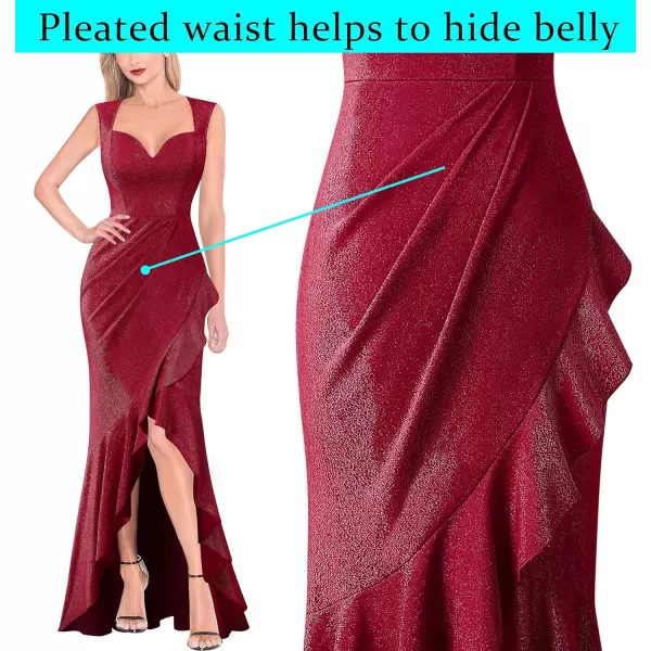 VFSHOW Womens Sexy Ruffle V Neck Ruched Formal Wedding Guest Prom Maxi Dress 2023 Sweetheart Evening Keyhole Back HILO GownSparkly Dark Red