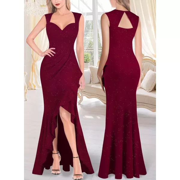 VFSHOW Womens Sexy Ruffle V Neck Ruched Formal Wedding Guest Prom Maxi Dress 2023 Sweetheart Evening Keyhole Back HILO GownSparkly Dark Red2