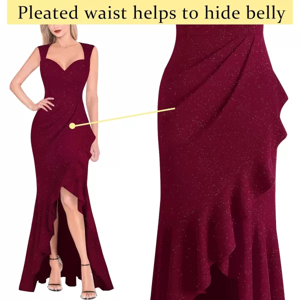 VFSHOW Womens Sexy Ruffle V Neck Ruched Formal Wedding Guest Prom Maxi Dress 2023 Sweetheart Evening Keyhole Back HILO GownSparkly Dark Red2