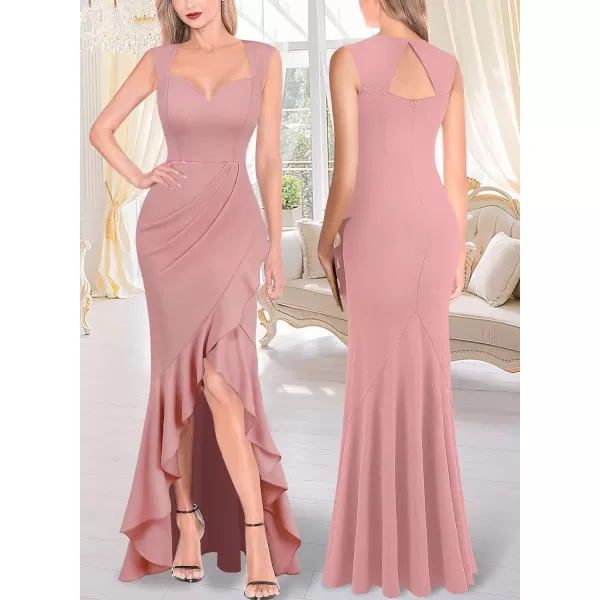 VFSHOW Womens Sexy Ruffle V Neck Ruched Formal Wedding Guest Prom Maxi Dress 2023 Sweetheart Evening Keyhole Back HILO GownSparkly Dusty Pink