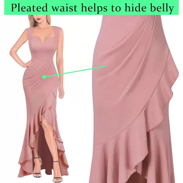 VFSHOW Womens Sexy Ruffle V Neck Ruched Formal Wedding Guest Prom Maxi Dress 2023 Sweetheart Evening Keyhole Back HILO GownSparkly Dusty Pink