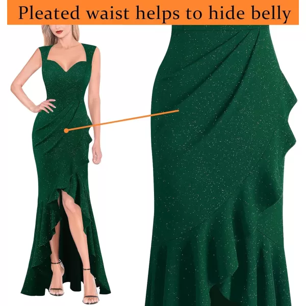 VFSHOW Womens Sexy Ruffle V Neck Ruched Formal Wedding Guest Prom Maxi Dress 2023 Sweetheart Evening Keyhole Back HILO GownSparkly Green