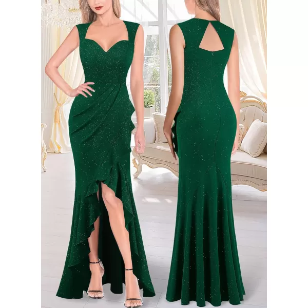 VFSHOW Womens Sexy Ruffle V Neck Ruched Formal Wedding Guest Prom Maxi Dress 2023 Sweetheart Evening Keyhole Back HILO GownSparkly Green