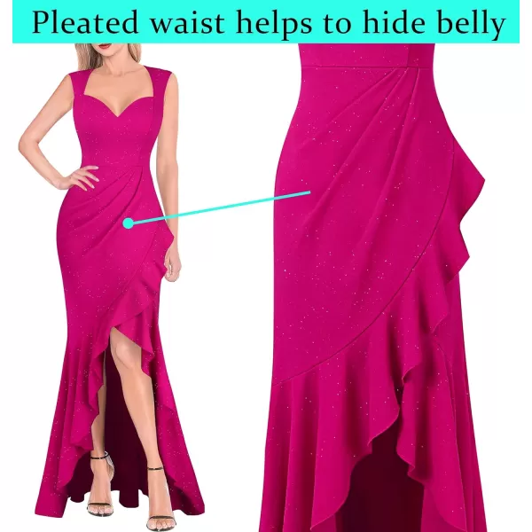 VFSHOW Womens Sexy Ruffle V Neck Ruched Formal Wedding Guest Prom Maxi Dress 2023 Sweetheart Evening Keyhole Back HILO GownSparkly Hot Pink