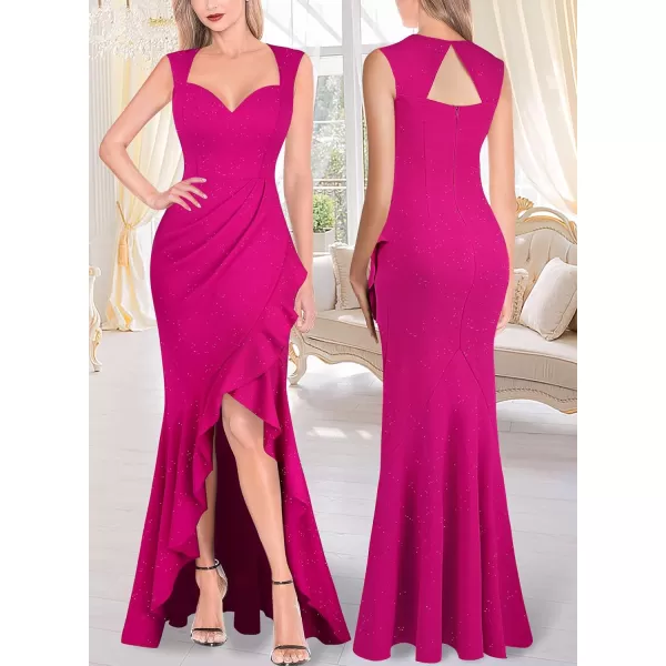 VFSHOW Womens Sexy Ruffle V Neck Ruched Formal Wedding Guest Prom Maxi Dress 2023 Sweetheart Evening Keyhole Back HILO GownSparkly Hot Pink