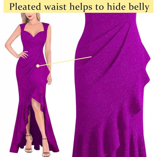 VFSHOW Womens Sexy Ruffle V Neck Ruched Formal Wedding Guest Prom Maxi Dress 2023 Sweetheart Evening Keyhole Back HILO GownSparkly Purple