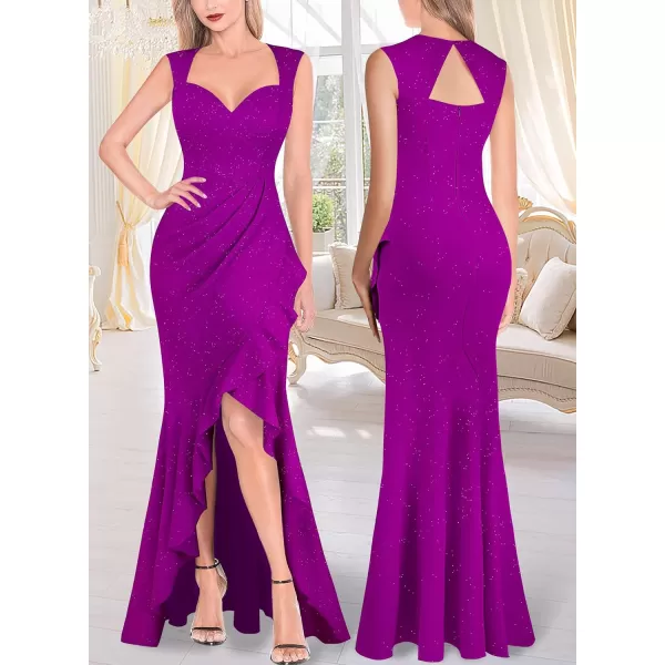 VFSHOW Womens Sexy Ruffle V Neck Ruched Formal Wedding Guest Prom Maxi Dress 2023 Sweetheart Evening Keyhole Back HILO GownSparkly Purple