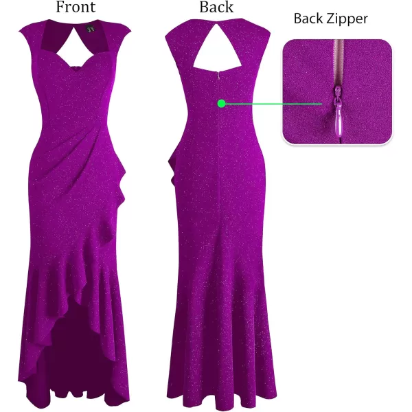 VFSHOW Womens Sexy Ruffle V Neck Ruched Formal Wedding Guest Prom Maxi Dress 2023 Sweetheart Evening Keyhole Back HILO GownSparkly Purple