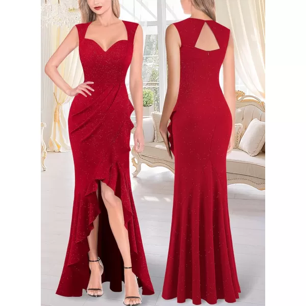 VFSHOW Womens Sexy Ruffle V Neck Ruched Formal Wedding Guest Prom Maxi Dress 2023 Sweetheart Evening Keyhole Back HILO GownSparkly Red