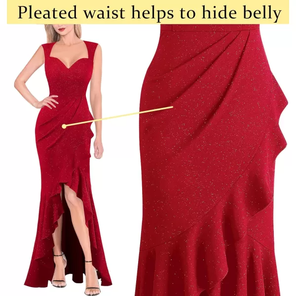 VFSHOW Womens Sexy Ruffle V Neck Ruched Formal Wedding Guest Prom Maxi Dress 2023 Sweetheart Evening Keyhole Back HILO GownSparkly Red