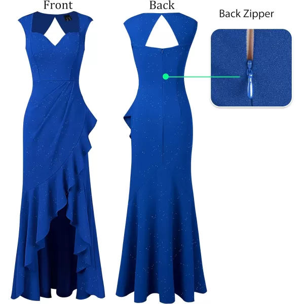 VFSHOW Womens Sexy Ruffle V Neck Ruched Formal Wedding Guest Prom Maxi Dress 2023 Sweetheart Evening Keyhole Back HILO GownSparkly Royal Blue