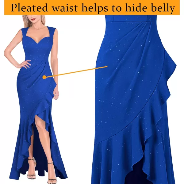 VFSHOW Womens Sexy Ruffle V Neck Ruched Formal Wedding Guest Prom Maxi Dress 2023 Sweetheart Evening Keyhole Back HILO GownSparkly Royal Blue