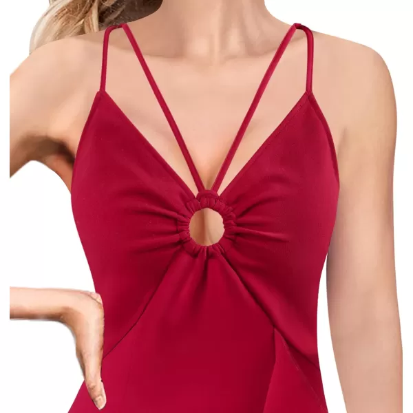 VFSHOW Womens Sexy Spaghetti Strap Backless Keyhole 2023 Ruffle Split Party Club Night Out Midi Bodycon DressRed