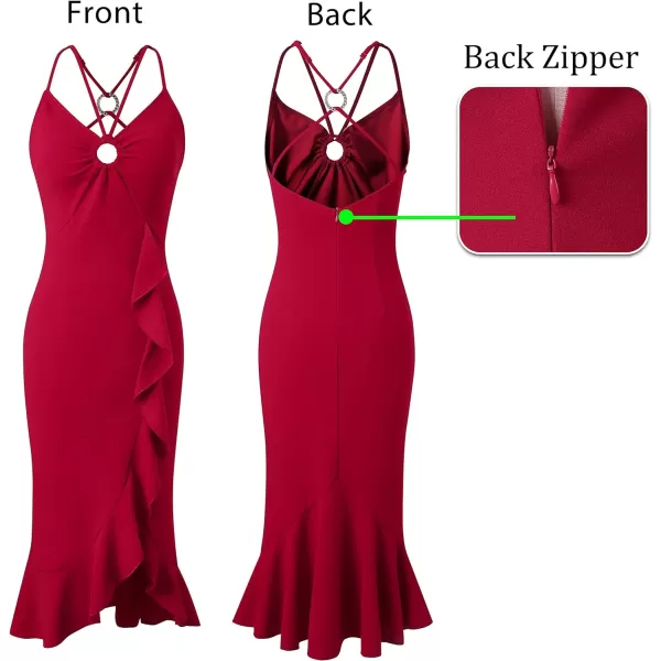 VFSHOW Womens Sexy Spaghetti Strap Backless Keyhole 2023 Ruffle Split Party Club Night Out Midi Bodycon DressRed