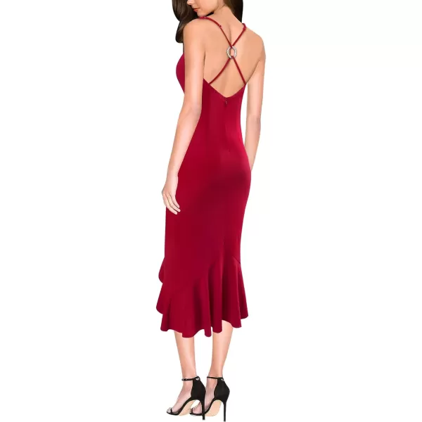 VFSHOW Womens Sexy Spaghetti Strap Backless Keyhole 2023 Ruffle Split Party Club Night Out Midi Bodycon DressRed