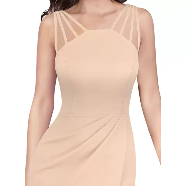 VFSHOW Womens Sexy Spaghetti Strap Ruched Cocktail Party Bodycon 2023 Wedding Guest Backless Slim Split Tulip Hem Wrap DressBeige