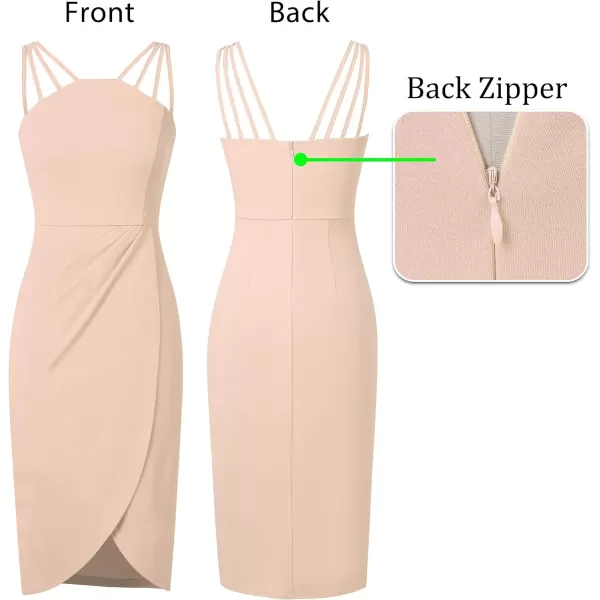 VFSHOW Womens Sexy Spaghetti Strap Ruched Cocktail Party Bodycon 2023 Wedding Guest Backless Slim Split Tulip Hem Wrap DressBeige