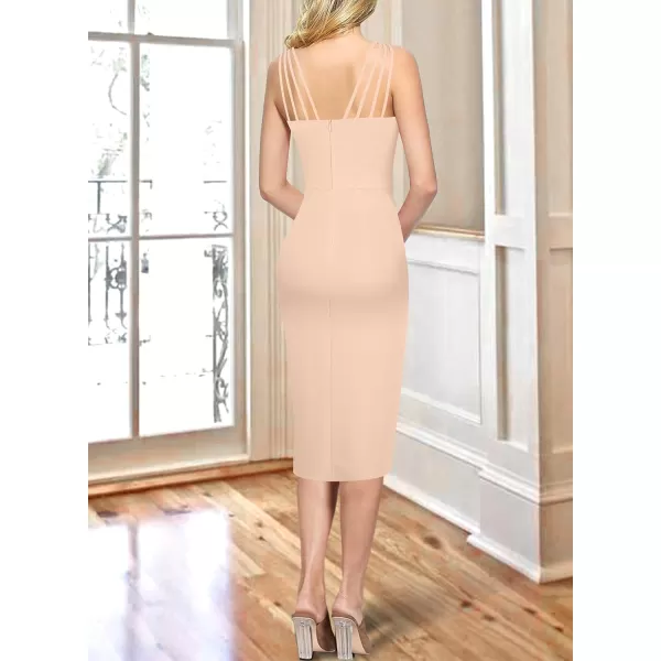 VFSHOW Womens Sexy Spaghetti Strap Ruched Cocktail Party Bodycon 2023 Wedding Guest Backless Slim Split Tulip Hem Wrap DressBeige