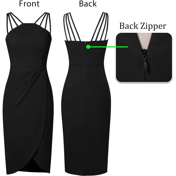 VFSHOW Womens Sexy Spaghetti Strap Ruched Cocktail Party Bodycon 2023 Wedding Guest Backless Slim Split Tulip Hem Wrap DressBlack