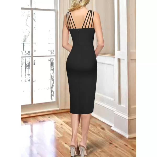 VFSHOW Womens Sexy Spaghetti Strap Ruched Cocktail Party Bodycon 2023 Wedding Guest Backless Slim Split Tulip Hem Wrap DressBlack