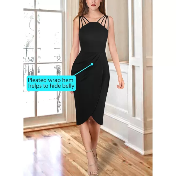 VFSHOW Womens Sexy Spaghetti Strap Ruched Cocktail Party Bodycon 2023 Wedding Guest Backless Slim Split Tulip Hem Wrap DressBlack