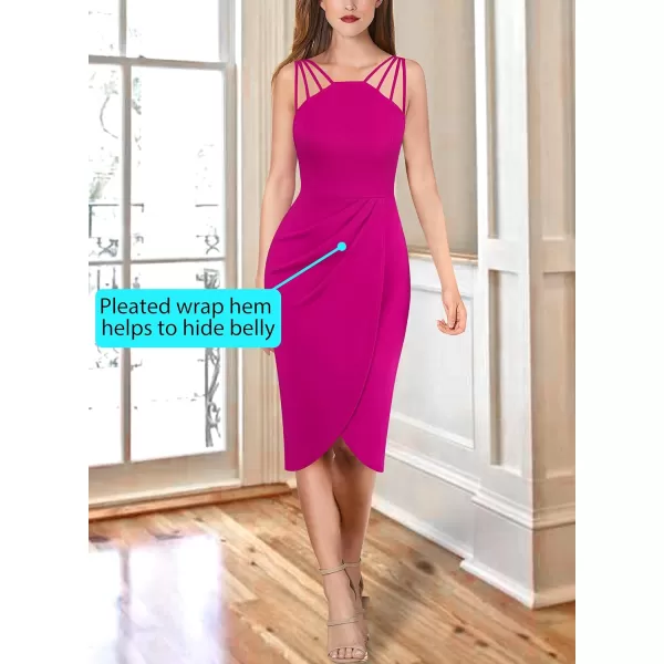 VFSHOW Womens Sexy Spaghetti Strap Ruched Cocktail Party Bodycon 2023 Wedding Guest Backless Slim Split Tulip Hem Wrap DressHot Pink