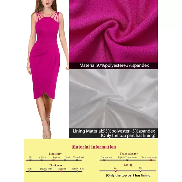 VFSHOW Womens Sexy Spaghetti Strap Ruched Cocktail Party Bodycon 2023 Wedding Guest Backless Slim Split Tulip Hem Wrap DressHot Pink