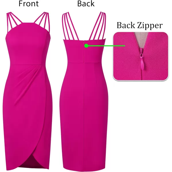 VFSHOW Womens Sexy Spaghetti Strap Ruched Cocktail Party Bodycon 2023 Wedding Guest Backless Slim Split Tulip Hem Wrap DressHot Pink