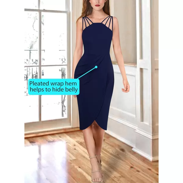 VFSHOW Womens Sexy Spaghetti Strap Ruched Cocktail Party Bodycon 2023 Wedding Guest Backless Slim Split Tulip Hem Wrap DressNavy Blue