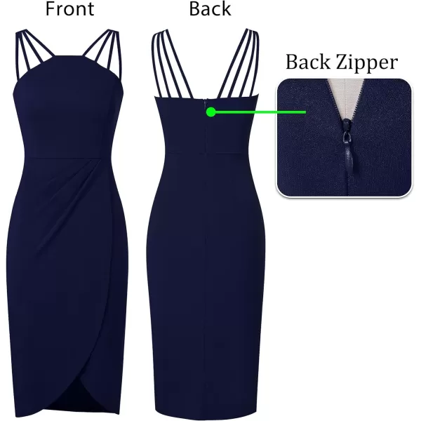 VFSHOW Womens Sexy Spaghetti Strap Ruched Cocktail Party Bodycon 2023 Wedding Guest Backless Slim Split Tulip Hem Wrap DressNavy Blue