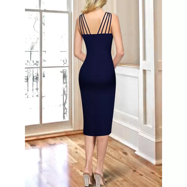 VFSHOW Womens Sexy Spaghetti Strap Ruched Cocktail Party Bodycon 2023 Wedding Guest Backless Slim Split Tulip Hem Wrap DressNavy Blue