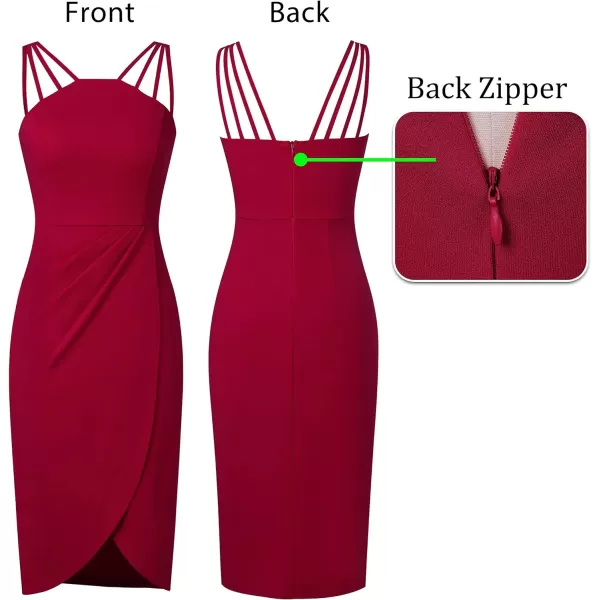 VFSHOW Womens Sexy Spaghetti Strap Ruched Cocktail Party Bodycon 2023 Wedding Guest Backless Slim Split Tulip Hem Wrap DressRed