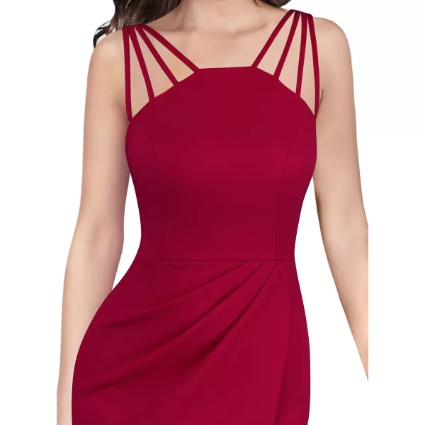 VFSHOW Womens Sexy Spaghetti Strap Ruched Cocktail Party Bodycon 2023 Wedding Guest Backless Slim Split Tulip Hem Wrap DressRed