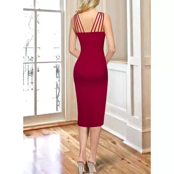 VFSHOW Womens Sexy Spaghetti Strap Ruched Cocktail Party Bodycon 2023 Wedding Guest Backless Slim Split Tulip Hem Wrap DressRed